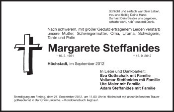 Traueranzeige von Margarete Steffanides von Pegnitz-Zeitung